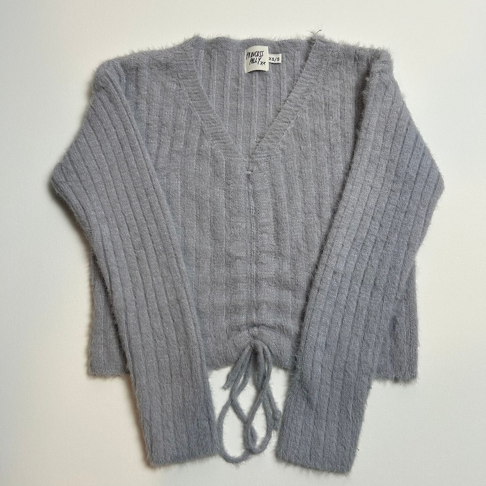 Princess Polly Cinch Front Cropped Sweater Blue Fuzzy Ribbed XS/S Romantic